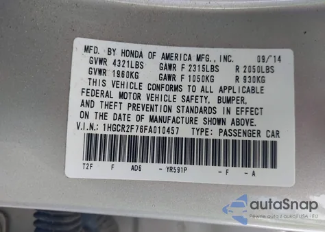 2015 Honda Accord Ex z USA, uszkodzony, nr VIN 1HGCR2F76FA010457